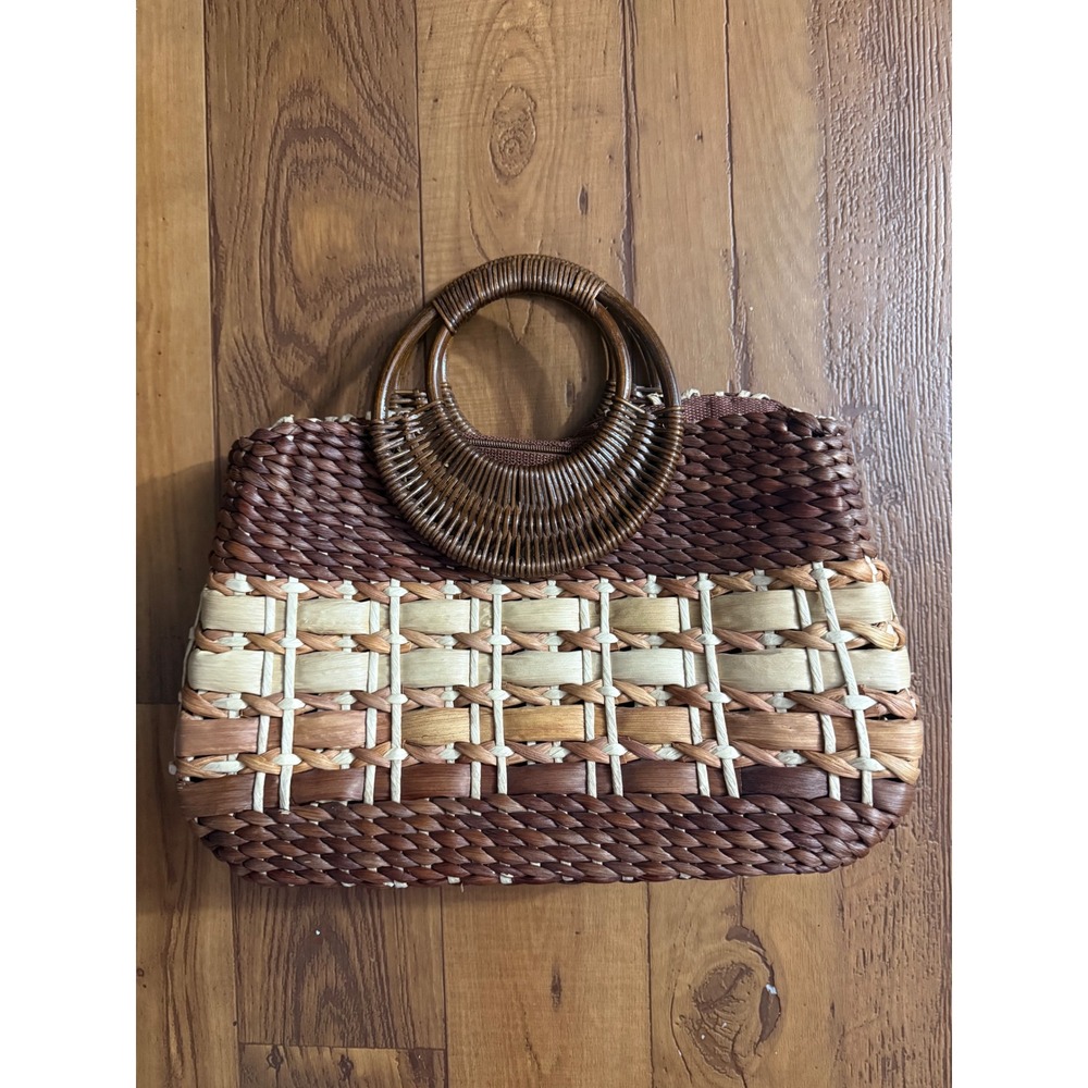 Vintage Woven Straw Handbag Brown Tan Mixed Weave Wooden Ring Handle Tote